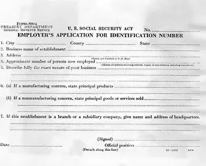 Records Prints: Initiation of Social Security in 1936. Employers application for Social Security