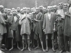 Austria Prints: Inmates of Ebensee concentration camp after their liberation by American troops on May 6