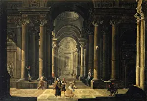 Fountain Prints: Inside perspective of a palace with mythologicals scene
