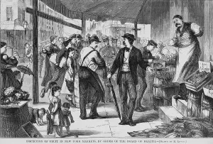 Inspection Prints: Inspector from the New York City Board of Health examining the stock of a small grocery store in one of New York