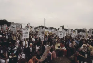 2011 Prints: Integrated group of including senior citizens protesting against 1970s inflation unemployment