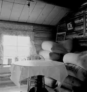 Curtains Prints: Interior of an Idaho farmer's two-room log home