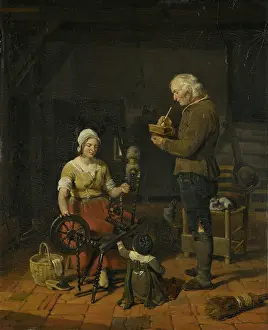 Peasants Prints: Interior with Peasant Family and Sleeping Cat