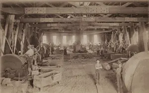 Mills Prints: Interior view of a barrel factory in Kalamazoo County