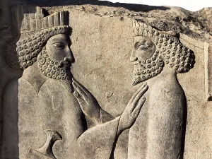 Achaemenids Prints: IRAN. Persepolis. Two dignataries exchanging signs of friendship