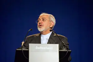 Switzerland Prints: Iranian Foreign Minister Javad Zarif addresses reporters in Lausanne in Switzerland