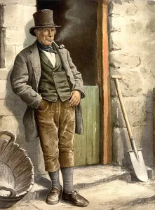 Irish Farmer, of the late 19th century wearing knee britches, top hat and smoking his pipe