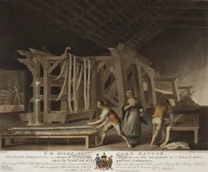 Artisans Prints: Irish Linen manufacture, 1782. Interior view of a bleach mill where three men and a woman are washing