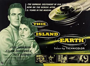 Faith Prints: THIS ISLAND EARTH, l-r: Rex Reason, Faith Domergue on UK poster art, 1955