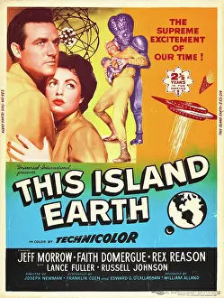 Spaceship Prints: THIS ISLAND EARTH, from left: Rex Reason, Faith Domergue, Jeff Morrow on poster art, 1955