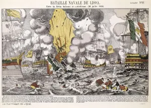 Italian Unification. Battle of Lissa (July 20, 1866). Naval battle between the Italian and Austrian navies in front the town of Lissa, in Adriatic Sea. Etching. ITALY. Milan