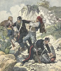 Arrest Prints: Italy (1902). Carabiniers arrest a bandit and his gang in Trapani