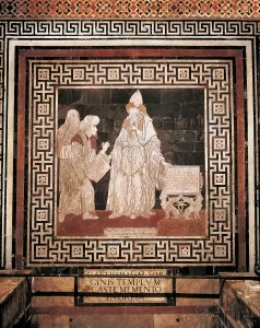 ITALY. Siena. Cathedral. Hermes Trismegistus delivers a book to two personages who represent the Orient and the Western. Work attributed to Giovanni di Maestro Stefano (1488)