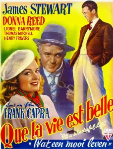 IT'S A WONDERFUL LIFE, (aka QUE LA VIE EST BELLE), l-r: Donna Reed, Thomas Mitchell, James Stewart on Belgian poster art, 1946