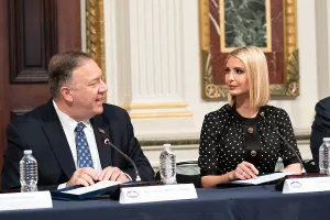 Pompeo Prints: Ivanka Trump and Secretary of State Mike Pompeo smile at each other in a meeting of the Presidents Interagency Task