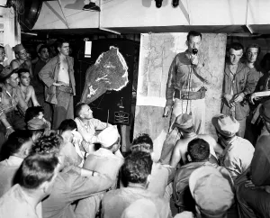 Lcgr1311 Prints: Iwo Jima strategy is discussed in a pre-invasion briefing. February 12-18, 1945