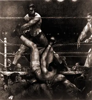 Luis Prints: Jack Dempsey knocked out of the ring by Luis Firpo in the first round of their fight at the Polo Grounds in New York