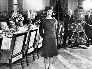 Filming Prints: Jacqueline Kennedy, in the State dining room during a taped tour of the White House