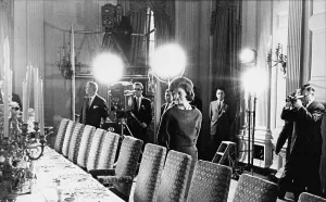 Cameras Prints: Jacqueline Kennedy and television crew in the State Dining Room of the White House