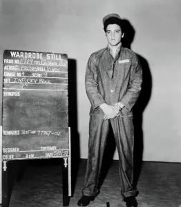 Prison Uniform Prints: JAILHOUSE ROCK, Elvis Presley wardrobe test, 1957