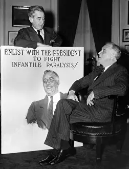 Roosevelt Prints: James Montgomery Flagg presents President Roosevelt with the first campaign poster in the fight against infantile
