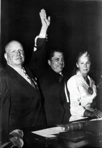 Dave Prints: JAMES R. HOFFA-With his wife and Dave Beck after winning Teamsters Union election