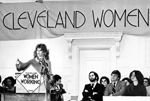 1970s Candids Prints: Jane Fonda, speaking to the supporters of Cleveland Women Working group