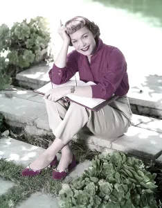 1950s Hairstyles Prints: Jane Wyman, studying her script, ca. mid-1950s