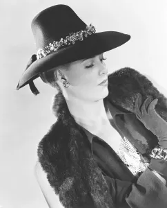 Janis Prints: Janis Carter wearing a hat from I. Magnin & Co. 1946