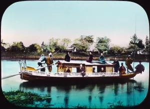 Oars Prints: Japan, a houseboat, hand colored lantern slide, photograph by William Henry Jackson, 1895