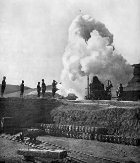 China Prints: A Japanese 11 inch siege gun fires on Port Arthur during the Russo-Japanese war