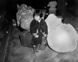 Ww Ii Prints: Japanese-American little girl waits with the family baggage