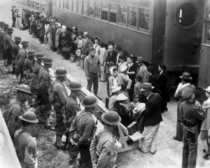 Ww Ii Prints: Japanese-Americans arrive by train at the Santa Anita Assembly Center from San Pedro, CA
