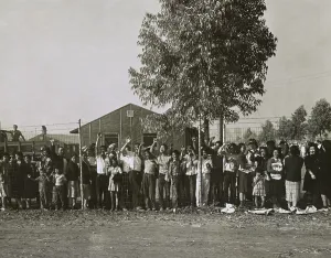 Ethnic Groups Prints: Japanese Americans internees waving farewell from behind a wire fence at Pomona, CA, 1942