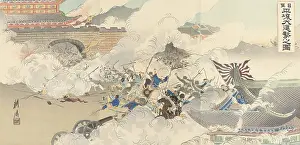 Woodcut Prints: Japanese army storming the gates of the walled city of Pyongyang, Korea, Sept. 15, 1894