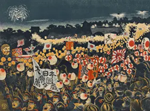 Celebration Prints: Japanese citizens and soldiers in a night parade celebrating victories against Russians