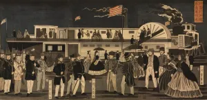 Harbors Prints: Japanese depiction of a steamship in an American port shows a crowded pier with American travelers