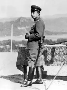 JAPANESE EMPEROR AT WAR MANEUVERS His Imperial Majesty Emperor Hirohito of Japan was an ineterested spectator during the recent annual grand maneuvers of the Japanese Army held