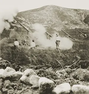 China Prints: A Japanese field battery firing shells into Russian positions during the Siege of Port Arthur