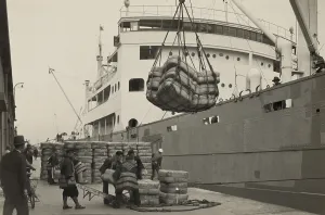 Harbors Prints: Japanese longshoremen loading bundles of raw silk onto a freighter