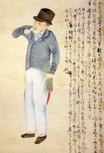 Alcoholic Prints: Japanese print of an American sailor drinking, colored woodcut ca. 1854