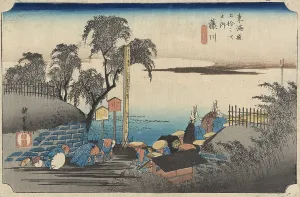 Images Dated 12th December 2007: Japanese print, print shows travelers paying respects at a roadside shrine at the Fujikawa station on the Tokaido Road