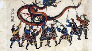 Folk Prints: Japanese print shows eight Chinese men holding up a dragon with sticks for the dragon dance