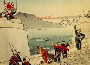 China Prints: Japanese soldiers victorious on the citadel of Lushunkou (Port Arthur) in the Sino-Japanese War