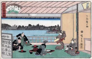 Geisha Prints: Japanese woodcut of Drinking party with Geishas at teahouse Kawachiro