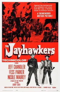 Fess Prints: THE JAYHAWKERS, US poster art, from left: Jeff Chandler, Nicole Maurey, Fess Parker, 1959
