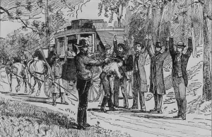 Bandits Prints: Jesse James and Bill Ryan robbing a stage coach of tourists on their way to Mammoth Cave on September 3