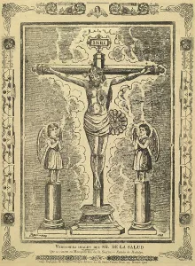 Images Dated 12th December 2007: Jesus Christ, broadside depicting a crucifix flanked by statues of angels