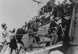 Holocaust Prints: Last Jewish refugees leaving Cyprus and boarding the Atzmauth for Israel