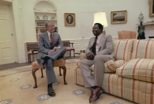 Aaron Prints: Jimmy Carter chatting with Hank Aaron in the Oval Office